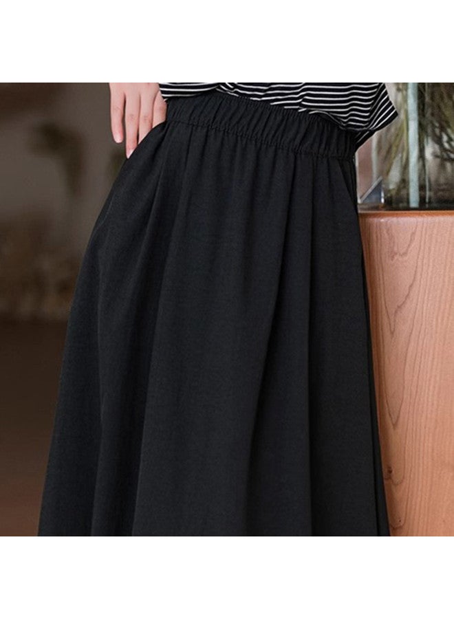 XINYANG Petite A-line Midi Skirt 2025 Summer High-waisted Slimming Cotton Flared Skirt Black Flowy Midi Skirt - Image 5
