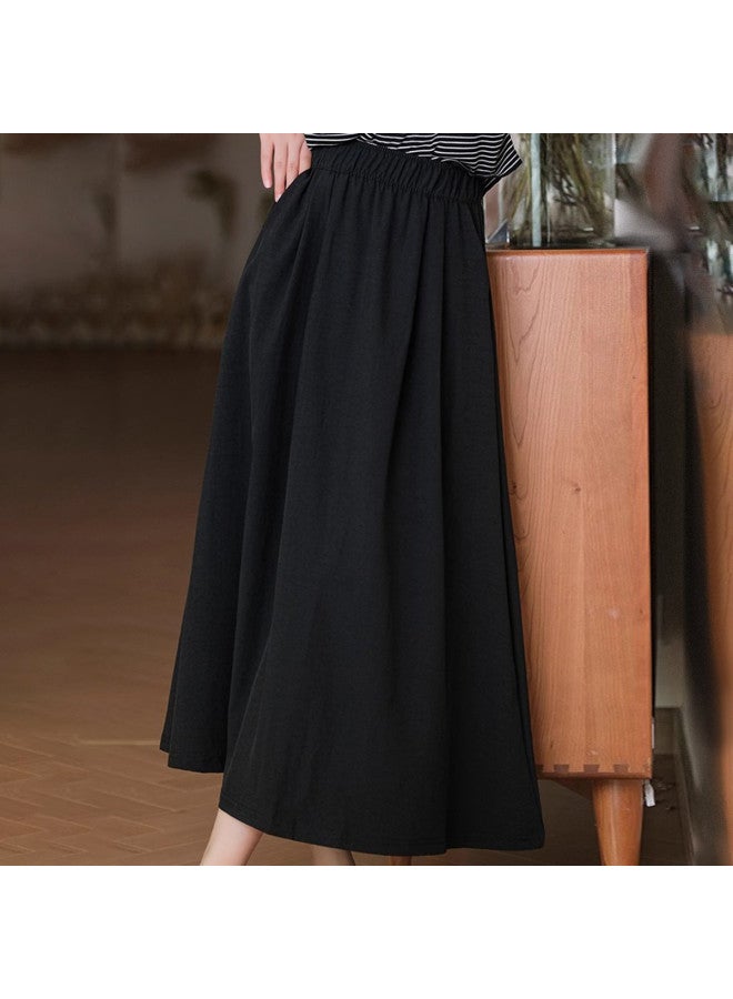 XINYANG Petite A-line Midi Skirt 2025 Summer High-waisted Slimming Cotton Flared Skirt Black Flowy Midi Skirt - Image 2