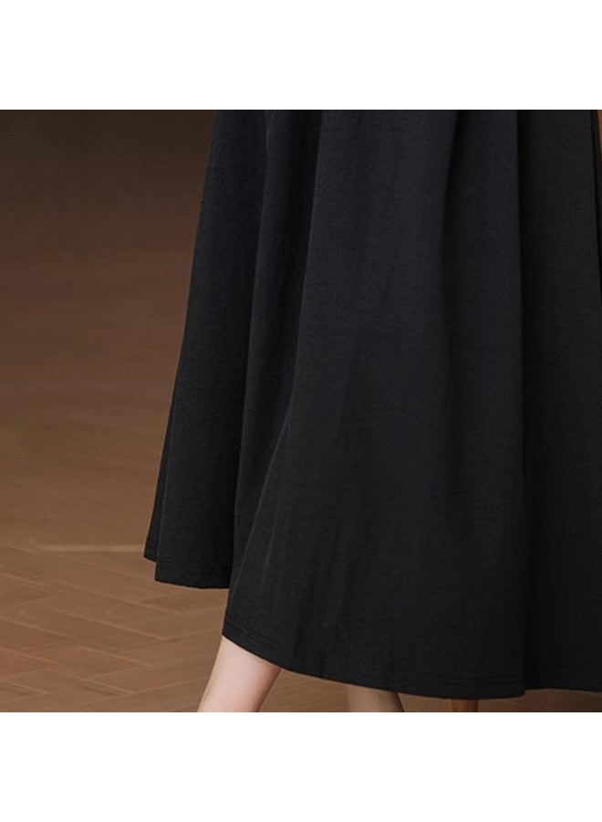 XINYANG Petite A-line Midi Skirt 2025 Summer High-waisted Slimming Cotton Flared Skirt Black Flowy Midi Skirt - Image 4
