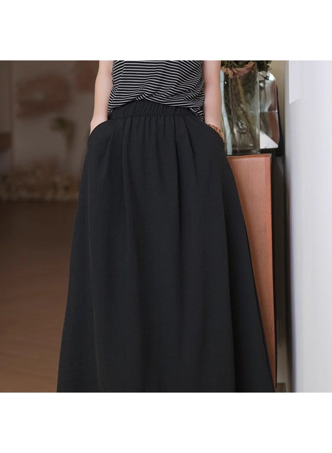XINYANG Petite A-line Midi Skirt 2025 Summer High-waisted Slimming Cotton Flared Skirt Black Flowy Midi Skirt - Image 3