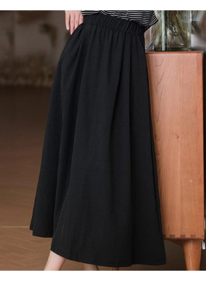 XINYANG Petite A-line Midi Skirt 2025 Summer High-waisted Slimming Cotton Flared Skirt Black Flowy Midi Skirt - Image 1