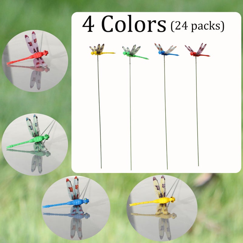 PCTC 24 Packs 3D Dragonfly Garden Decor Realistic Dragonfly Garden Stakes Dragonflies Gardening Decoration Insert Plaque Patio Garden Decoration, 4 Colors [Small Dragonfly] - Image 2