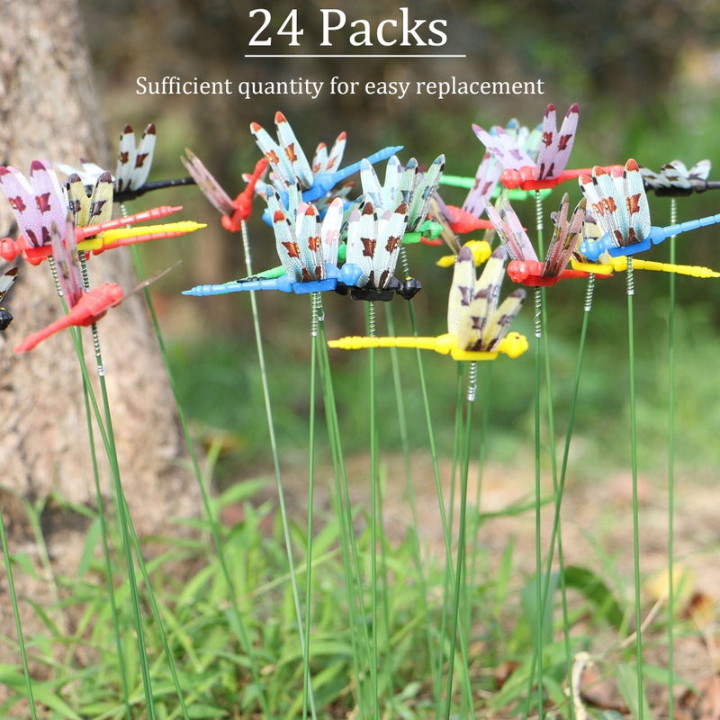 PCTC 24 Packs 3D Dragonfly Garden Decor Realistic Dragonfly Garden Stakes Dragonflies Gardening Decoration Insert Plaque Patio Garden Decoration, 4 Colors [Small Dragonfly] - Image 4