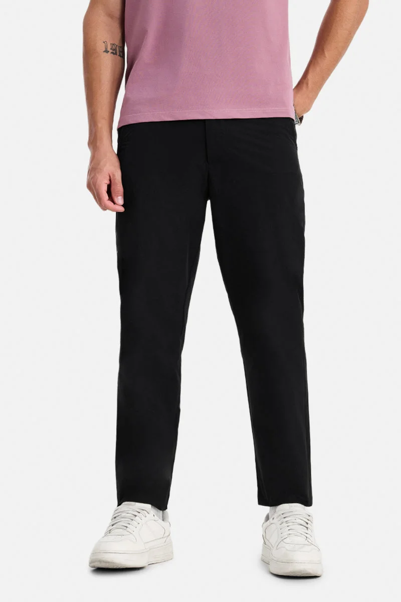 SNITCH Black Solid Regular Fit Casual Trousers