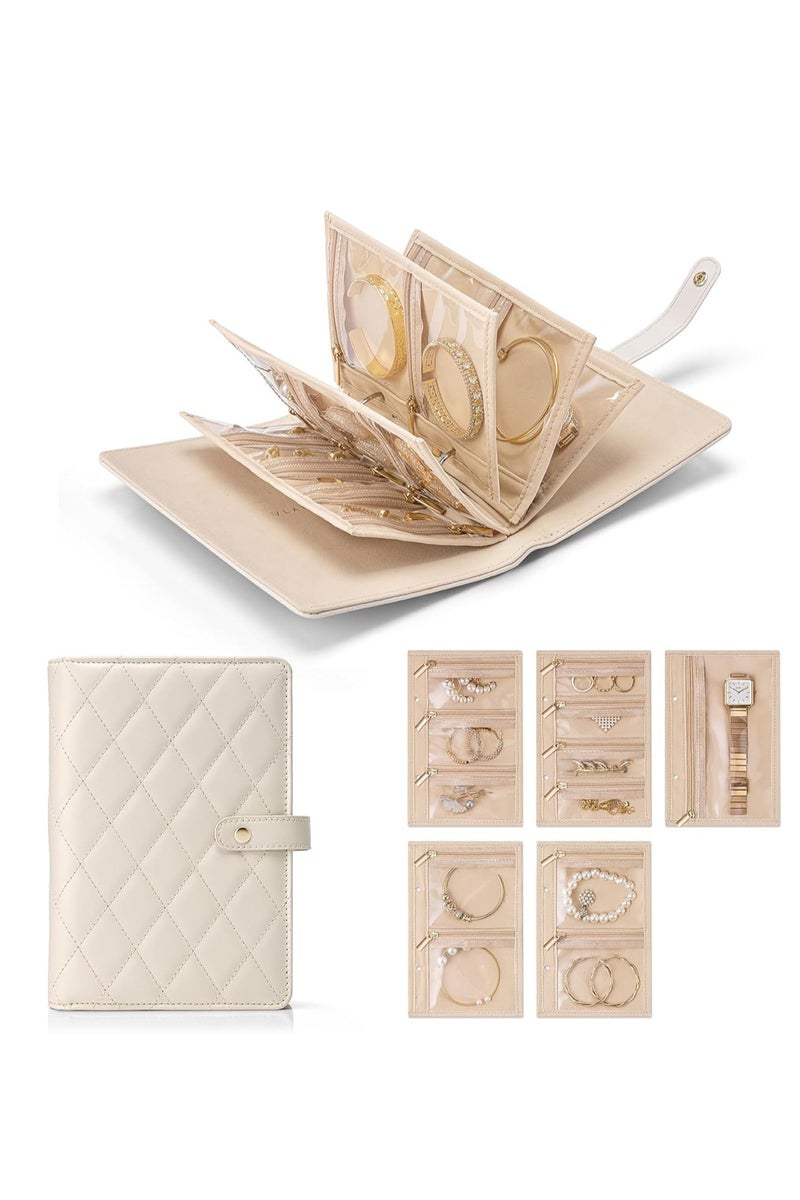 LOOPITYS Ladies' teacher gift, travel jewelry storage bag, jewelry storage book ring clip, with 5 transparent zippers. Velvet jewelry bag can hold rings, necklaces, earrings, in beige color - Image 1