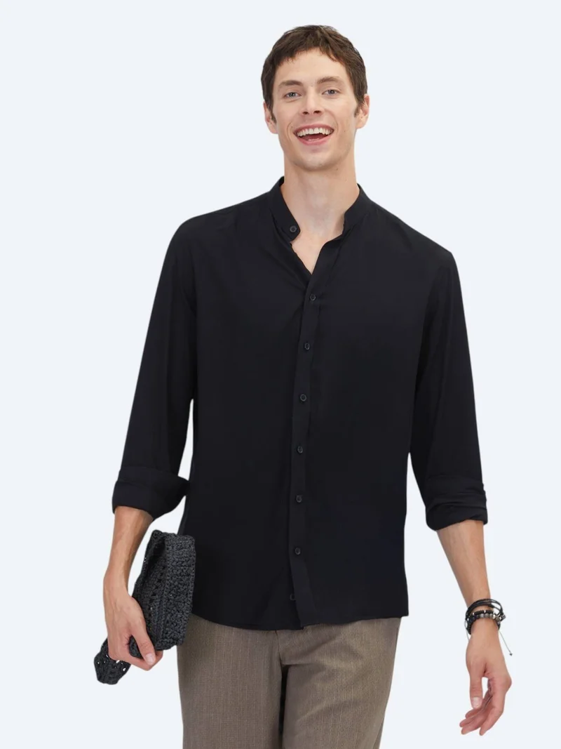 Kip Black Regular Fit Long Weaving Classical Shirt