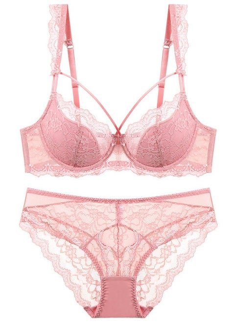 Comfy Breathable Solid Color Thin Cup Lace Bra And Panty Set Pink