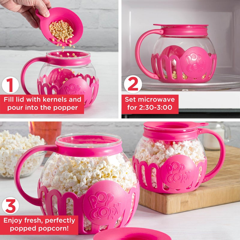 Ecolution Patented Micro-Pop Microwave Popcorn Popper with Temperature Safe Glass, 3-in-1 Lid Measures Kernels and Melts Butter, Made Without BPA, Dishwasher Safe, 1.5-Quart, Pink - Image 3
