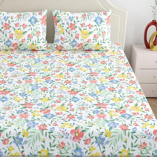 Home Ecstasy 100% Cotton King Fitted Bedsheet with 2 Pillow Covers - (Size 72 x 78 inches, 140 TC, Colour - Multi: Petal Whimsy) - Image 3