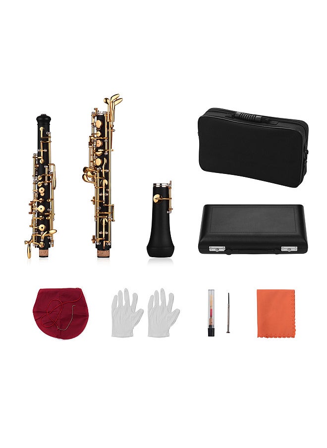 Professional Oboe C Key Semi-automatic Style Pure Gold Plated Keys Woodwind Instrument with Oboe Reed Gloves Leather Case Carry Bag Cleaning Cloth Mini Screwdriver