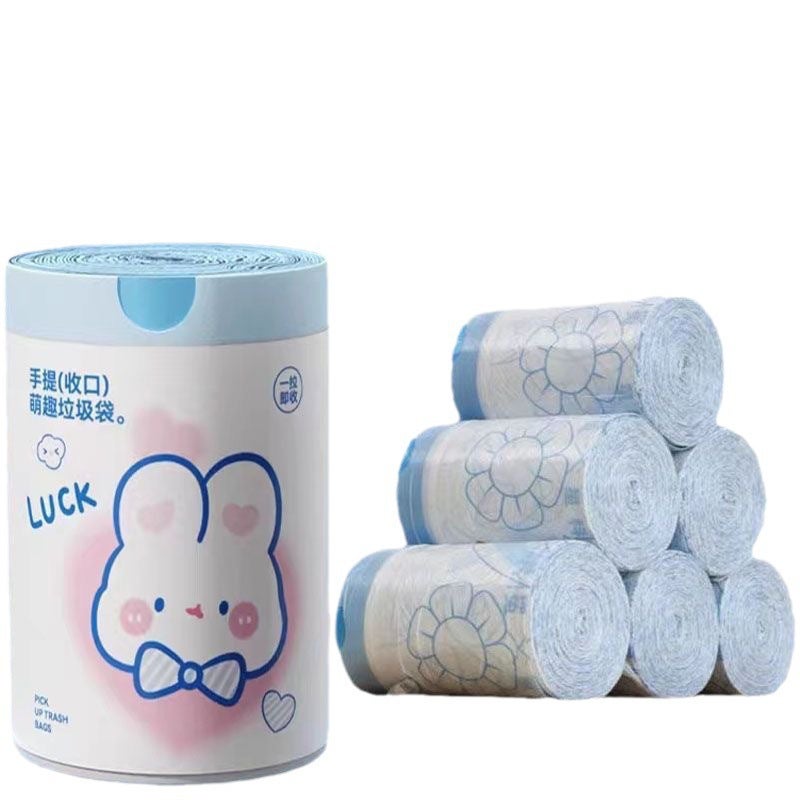Thickened Portable Garbage Bag Kitchen Living Room Dormitory Drawstring Large Cleaning Drawstring Cartoon Large Roll Plastic Bag Blue Heart Rabbit Plus