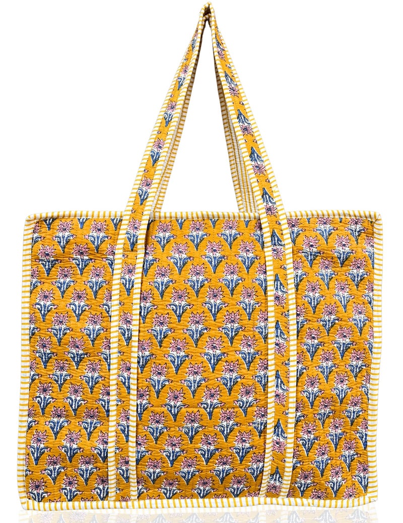 Third Eye Export 100% Cotton Quilted Tote Bag 18x16â€“ Large Zipper Beach Bag & Travel Bag Yellow Purse Reusable Grocery Bags (Gamboge Cherry Block Print) - Image 1