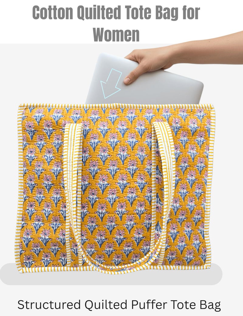 Third Eye Export 100% Cotton Quilted Tote Bag 18x16â€“ Large Zipper Beach Bag & Travel Bag Yellow Purse Reusable Grocery Bags (Gamboge Cherry Block Print) - Image 5