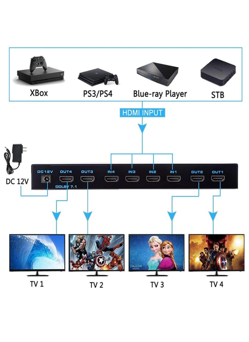 Generic - 4x4 Matrix Selector, 4k HDMI Matrix 4 Inputs 4 Outputs HDMI Matrix 2.0 Ports 4x4 Support 4K@60Hz 4K Dolby Vision HDR HDCP 2.2 Support Remote Control - Image 1