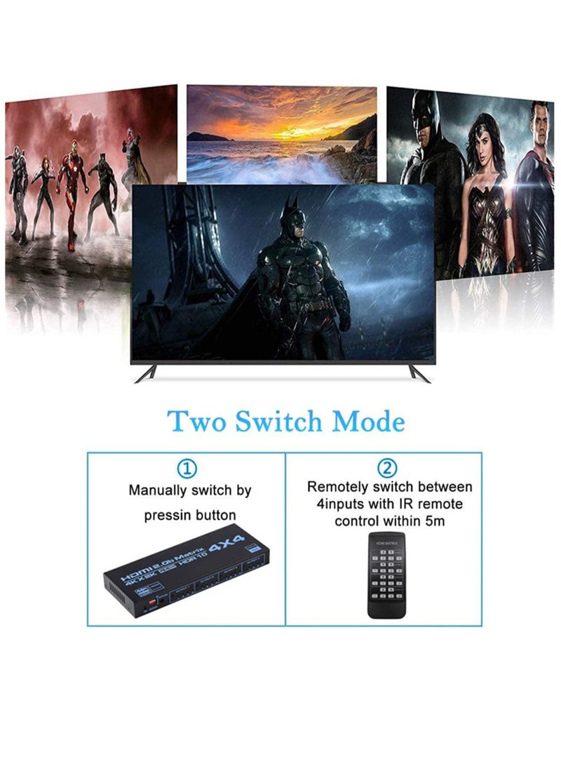 Generic - 4x4 Matrix Selector, 4k HDMI Matrix 4 Inputs 4 Outputs HDMI Matrix 2.0 Ports 4x4 Support 4K@60Hz 4K Dolby Vision HDR HDCP 2.2 Support Remote Control - Image 1