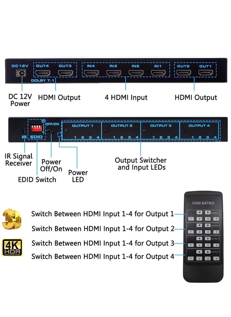Generic - 4x4 Matrix Selector, 4k HDMI Matrix 4 Inputs 4 Outputs HDMI Matrix 2.0 Ports 4x4 Support 4K@60Hz 4K Dolby Vision HDR HDCP 2.2 Support Remote Control - Image 1