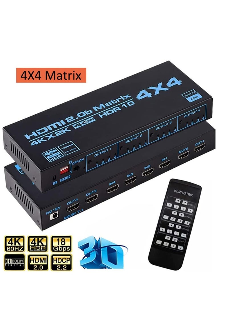 Generic - 4x4 Matrix Selector, 4k HDMI Matrix 4 Inputs 4 Outputs HDMI Matrix 2.0 Ports 4x4 Support 4K@60Hz 4K Dolby Vision HDR HDCP 2.2 Support Remote Control - Image 1
