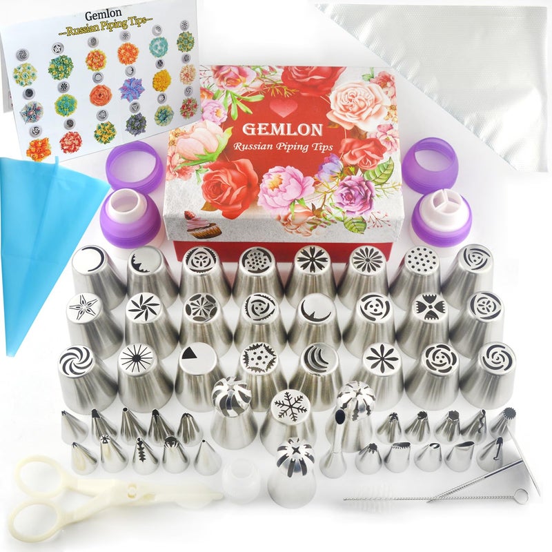 GEMLON Russian Piping Tips for Cake Decorating  88Pcs Flower Icing  Frosting Nozzles Set  Complete Pastry Baking Tools Kit  Small  Large Floral Piping Tips for Cupcakes Cookies  Professional Bakers
