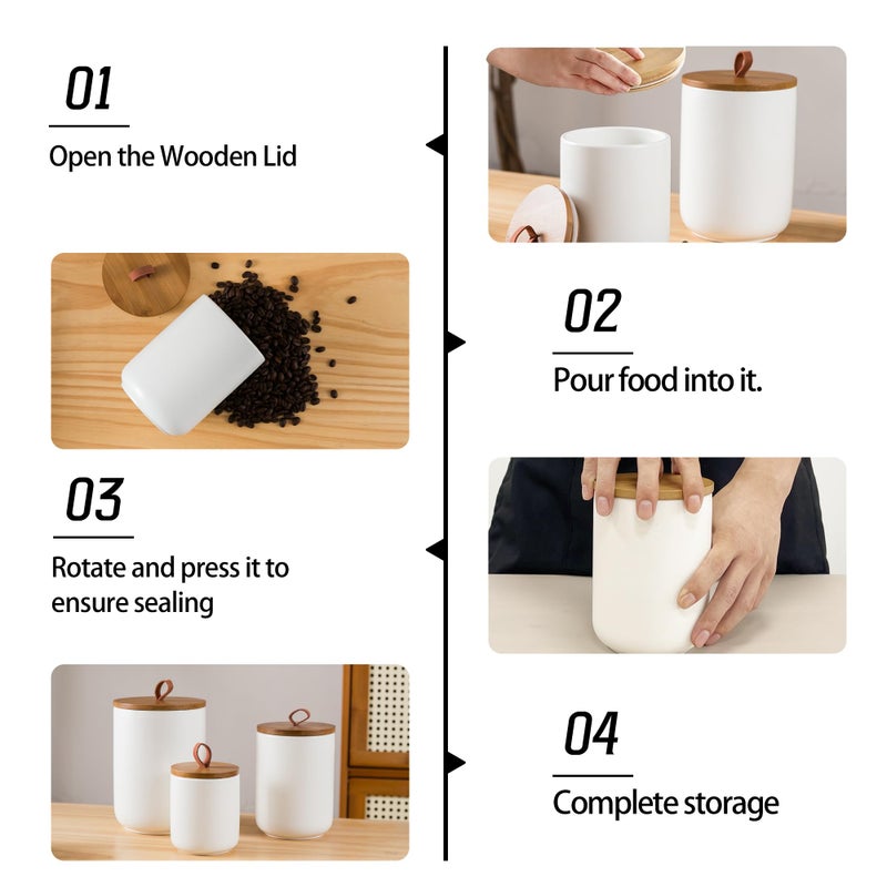 Tenforie White Canister Sets for Kitchen, 3pcs Ceramic Canisters with Airtight Wooden Lid, Food Storage Jar, Large Kitchen Storage Containers for Serving Coffee Beans, Tea, Sugar, Salt, Spices - Image 4