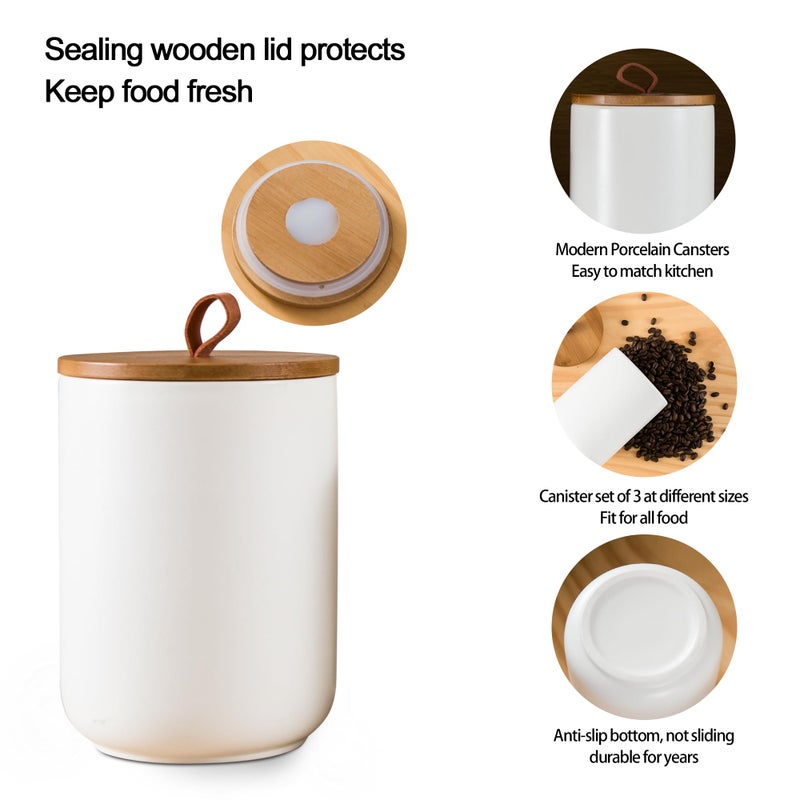 Tenforie White Canister Sets for Kitchen, 3pcs Ceramic Canisters with Airtight Wooden Lid, Food Storage Jar, Large Kitchen Storage Containers for Serving Coffee Beans, Tea, Sugar, Salt, Spices - Image 2