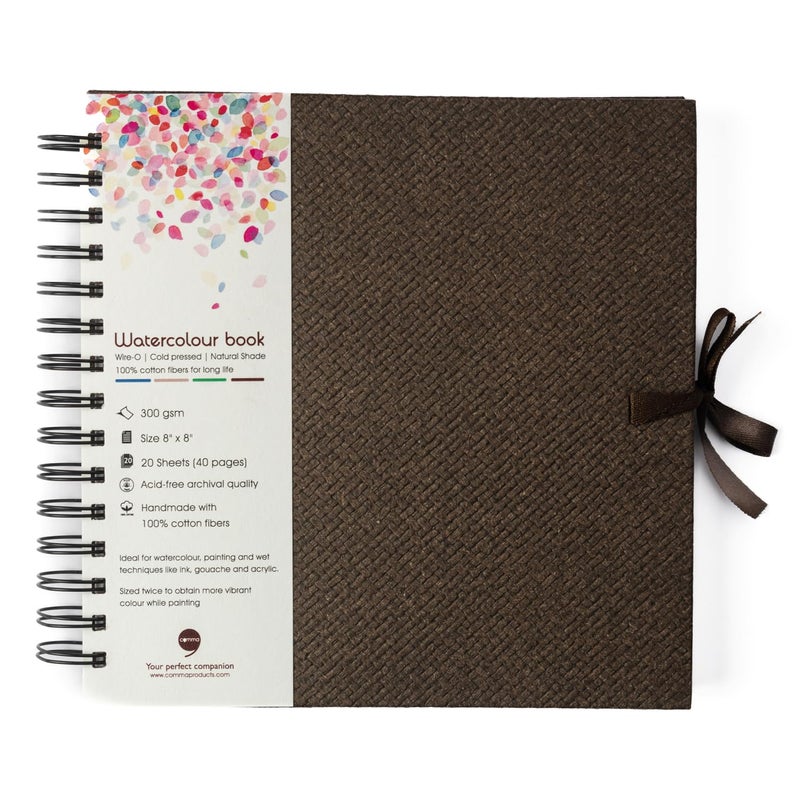 COMMA Watercolour Book | 8" X 8" | 300GSM | Wire-O Sketchbook | Cold Pressed | Natural Shade | 100% Cotton Fibers (Chocolate Brown) - Image 1