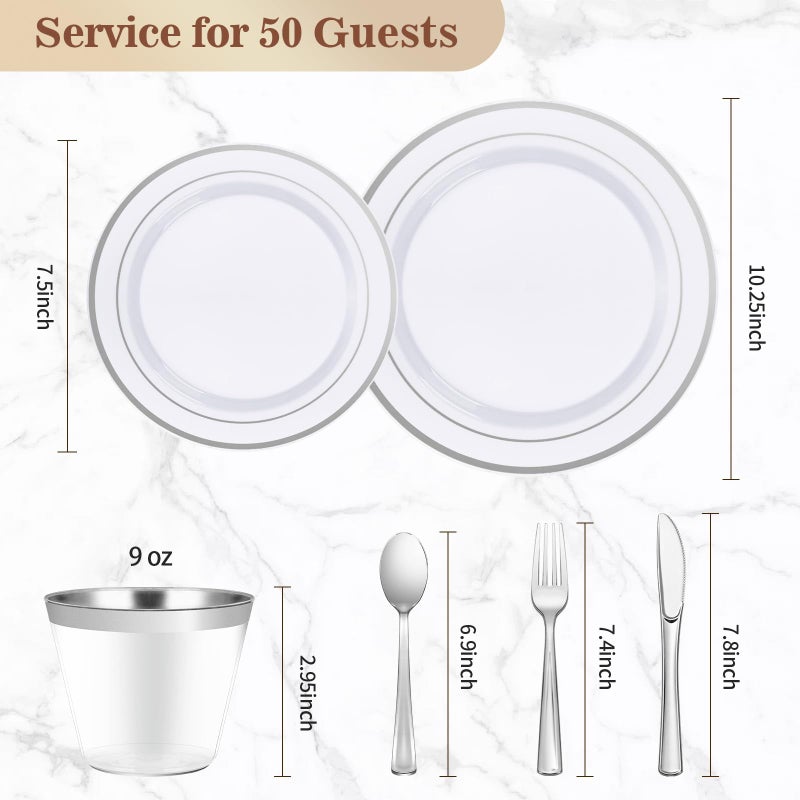BESTVIP 300PCS Plastic Dinnerware Set (50 Guests)  Silver Disposable Plates for Party  Wedding  Anniversary  Includes: Dinner Plates  Dessert Plates  Cups  Spoons  Forks and Knives - Image 4