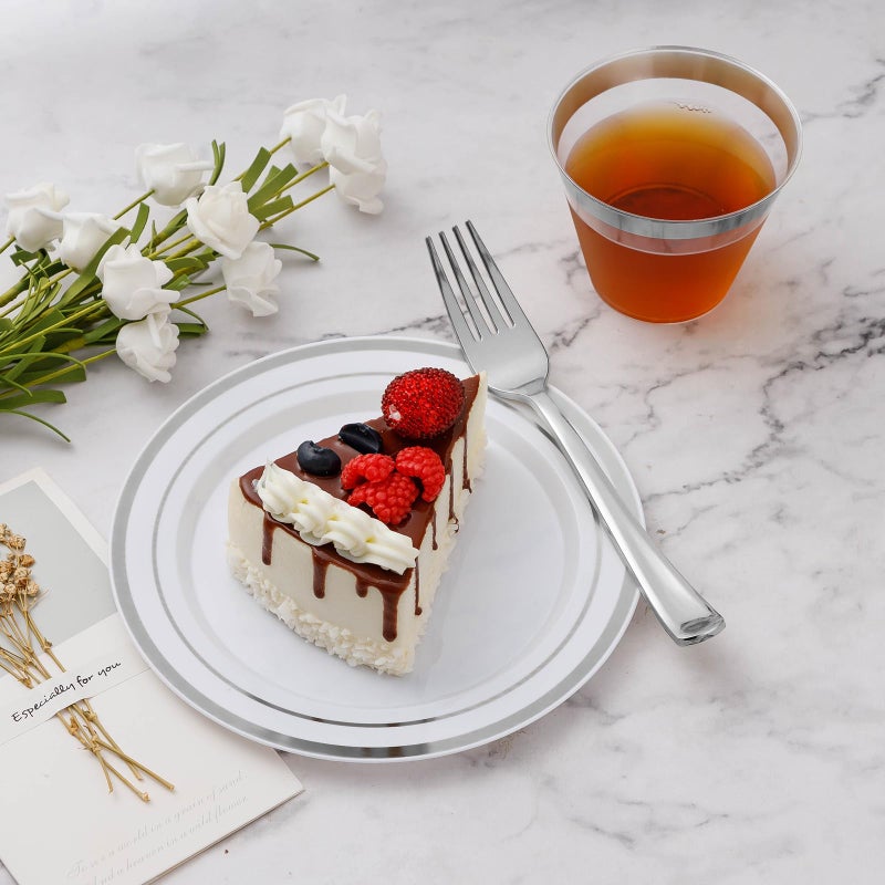 BESTVIP 300PCS Plastic Dinnerware Set (50 Guests)  Silver Disposable Plates for Party  Wedding  Anniversary  Includes: Dinner Plates  Dessert Plates  Cups  Spoons  Forks and Knives - Image 3