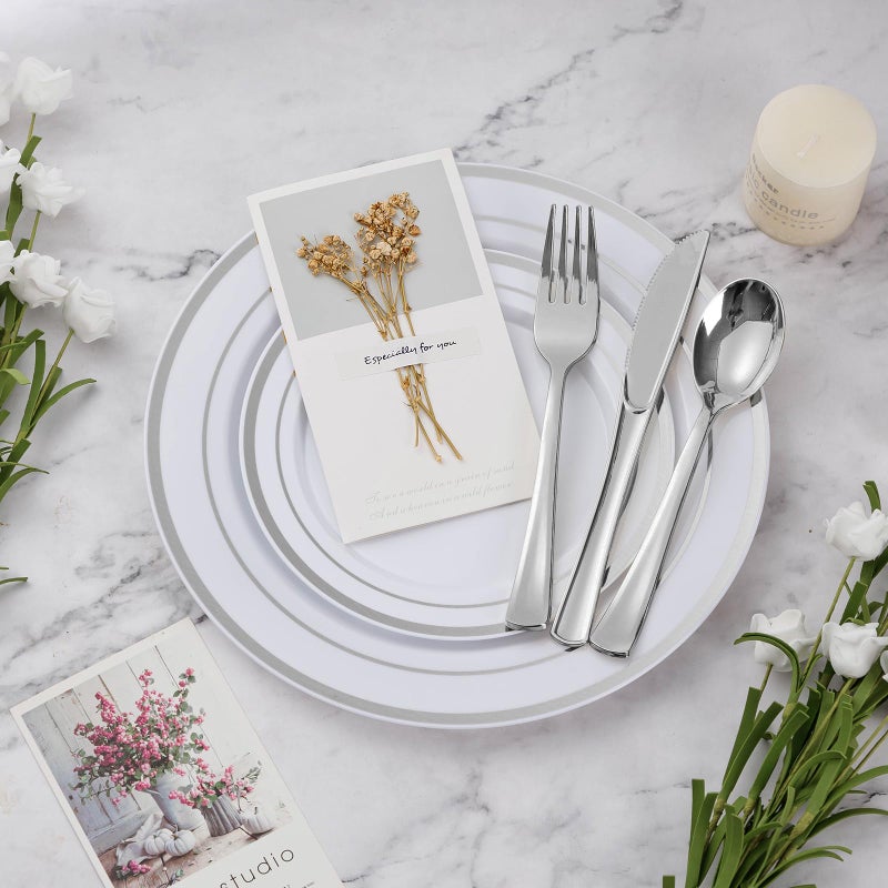 BESTVIP 300PCS Plastic Dinnerware Set (50 Guests)  Silver Disposable Plates for Party  Wedding  Anniversary  Includes: Dinner Plates  Dessert Plates  Cups  Spoons  Forks and Knives - Image 2