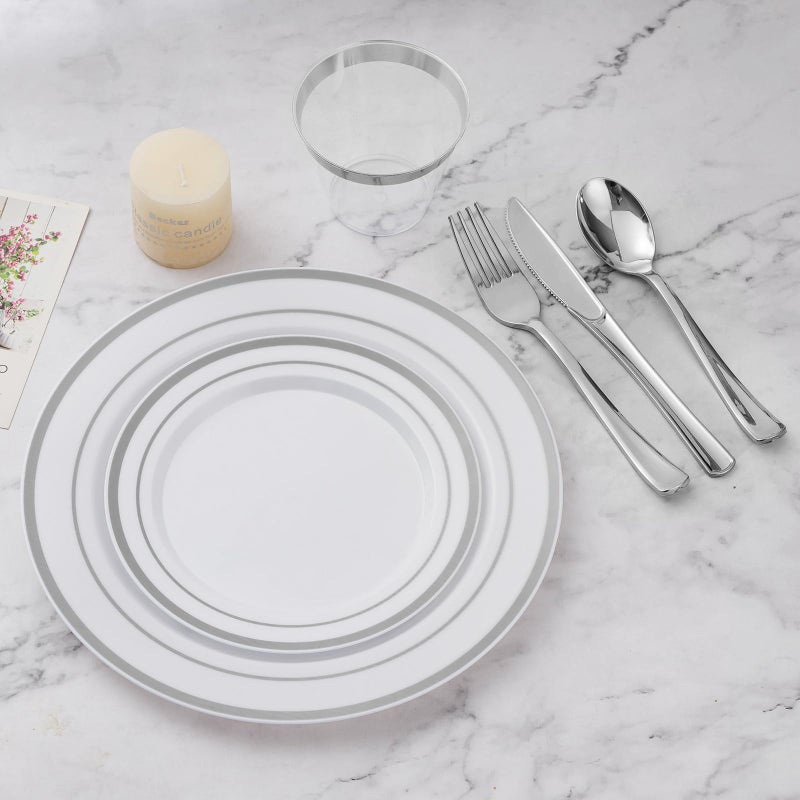 BESTVIP 300PCS Plastic Dinnerware Set (50 Guests)  Silver Disposable Plates for Party  Wedding  Anniversary  Includes: Dinner Plates  Dessert Plates  Cups  Spoons  Forks and Knives - Image 5