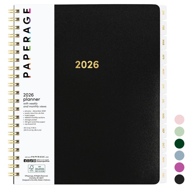 PAPERAGE 2026 Weekly & Monthly Planner, 12 Months (January 2026 - December 2026), 9.2 in x 11.2 in, Spiral Bound 2026 Planner with Weekly, Monthly & Yearly Views, Note Pages & Inner Pocket â€“ Black - Image 1