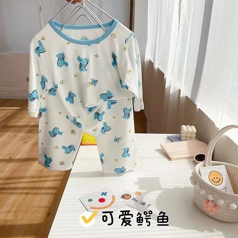 New Kidsren'S Ice Silk Home Air-Conditioning Clothing 2025 Summer Boys Split Short-Sleeved Suit Korean Style Pajamas Two-Piece Set - Image 4