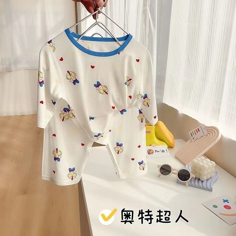 New Kidsren'S Ice Silk Home Air-Conditioning Clothing 2025 Summer Boys Split Short-Sleeved Suit Korean Style Pajamas Two-Piece Set - Image 2