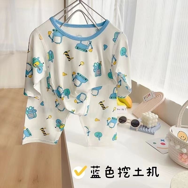 New Kidsren'S Ice Silk Home Air-Conditioning Clothing 2025 Summer Boys Split Short-Sleeved Suit Korean Style Pajamas Two-Piece Set - Image 3