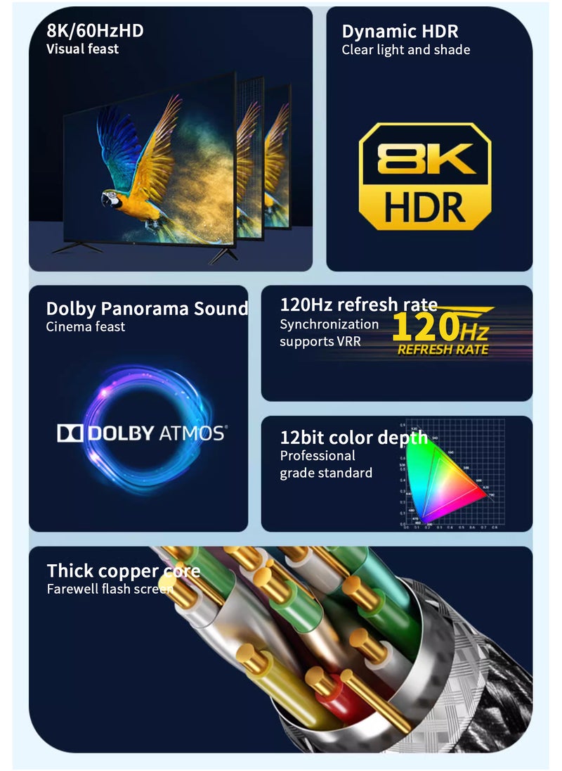Qubits Connect HDMI 2.1 8K@60Hz/4K@120Hz, 6.6FT/2M Ultra High Speed 48Gbps, Flexible Braided Cord Dynamic HDR/HDCP 2.2, Super Realistic 3D and Support VRR Gaming, Support 32 channels Sam-pling Rate 1536kHZ max, Compatible with PC/Laptop/Xbox/Play Station/MacBook/TV Box/HD TV/Monitor/Projector  - Image 5