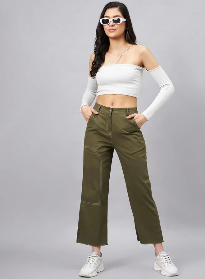 WineRed WineRed Women Olive Green High Rise Straight Trouser