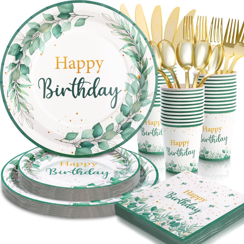 Gudvilla Sage Green Birthday Decorations for Women, Happy Birthday Plates and Napkins Set 168Pcs, for Boho Neutral Sage Green Decorations, Serve 24 - Image 1