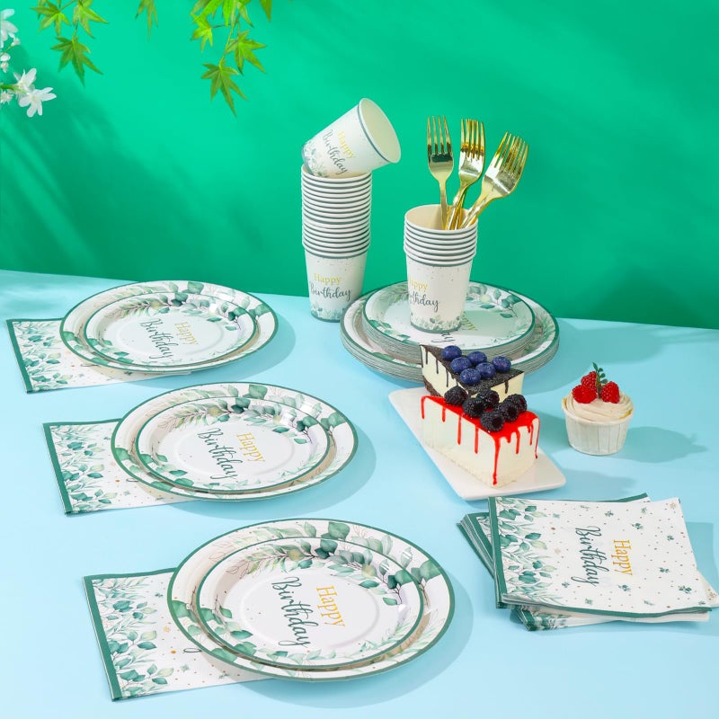 Gudvilla Sage Green Birthday Decorations for Women, Happy Birthday Plates and Napkins Set 168Pcs, for Boho Neutral Sage Green Decorations, Serve 24 - Image 5