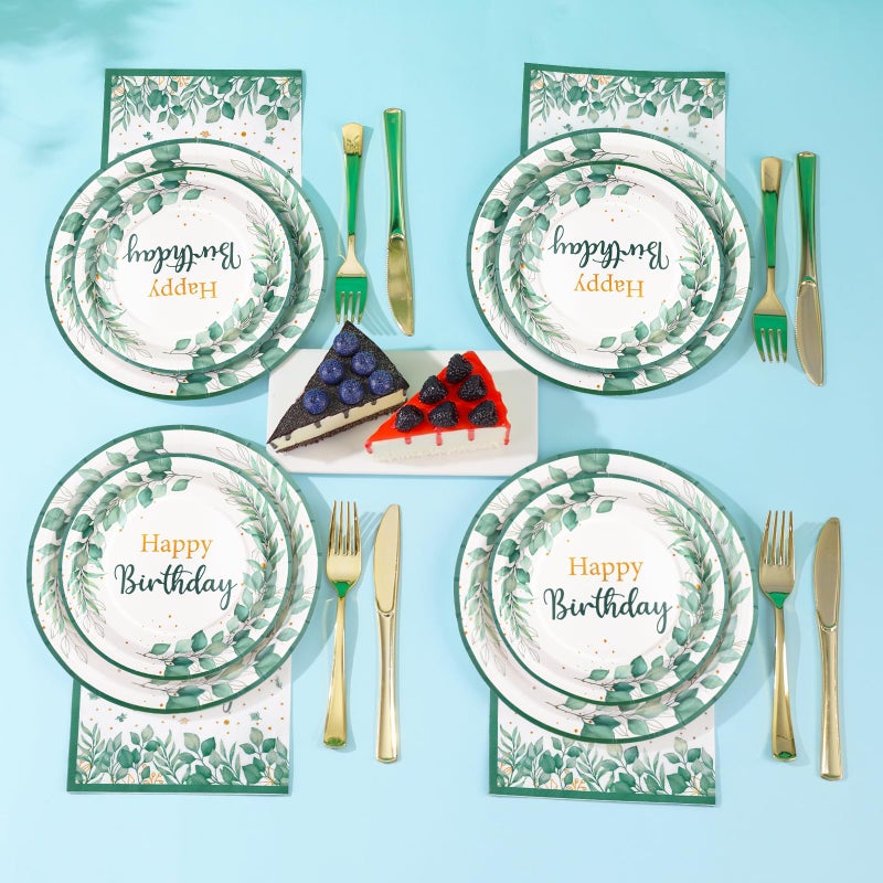 Gudvilla Sage Green Birthday Decorations for Women, Happy Birthday Plates and Napkins Set 168Pcs, for Boho Neutral Sage Green Decorations, Serve 24 - Image 4