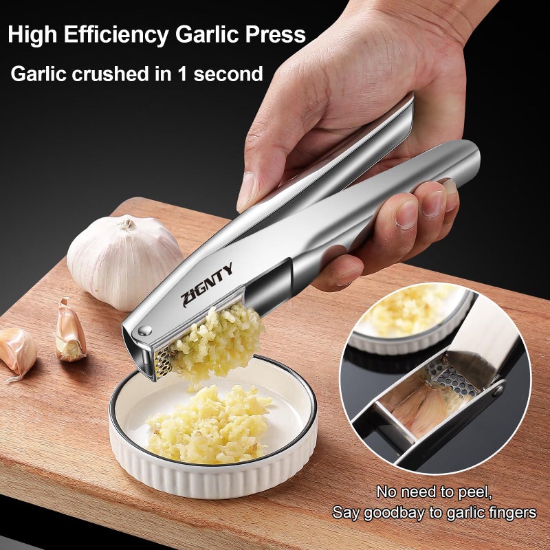 ZIGNTY Garlic Press Stainless Steelï¼ŒPremium Garlic Mincer Toolï¼ŒNo Need to Peel Garlic Ginger Crusher & Masher Easy Squeeze Large Trough Ergonomic Handleï¼ŒRust Proofï¼ŒDishwasher Safe (5 Years Warranty) - Image 3