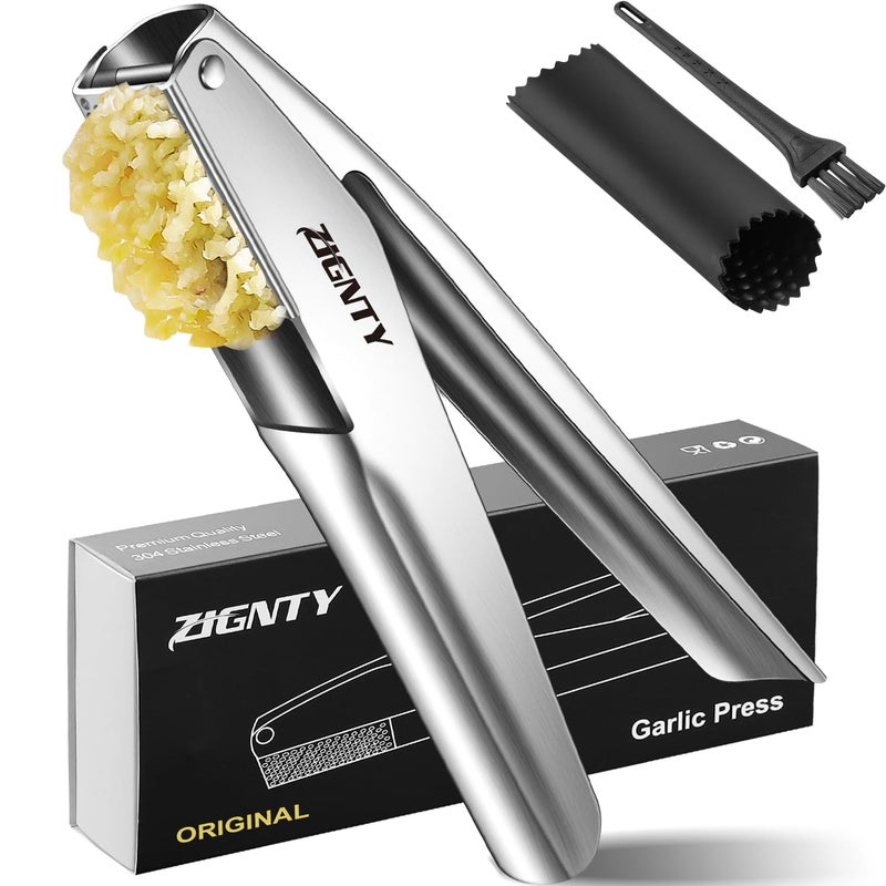 ZIGNTY Garlic Press Stainless Steelï¼ŒPremium Garlic Mincer Toolï¼ŒNo Need to Peel Garlic Ginger Crusher & Masher Easy Squeeze Large Trough Ergonomic Handleï¼ŒRust Proofï¼ŒDishwasher Safe (5 Years Warranty) - Image 1