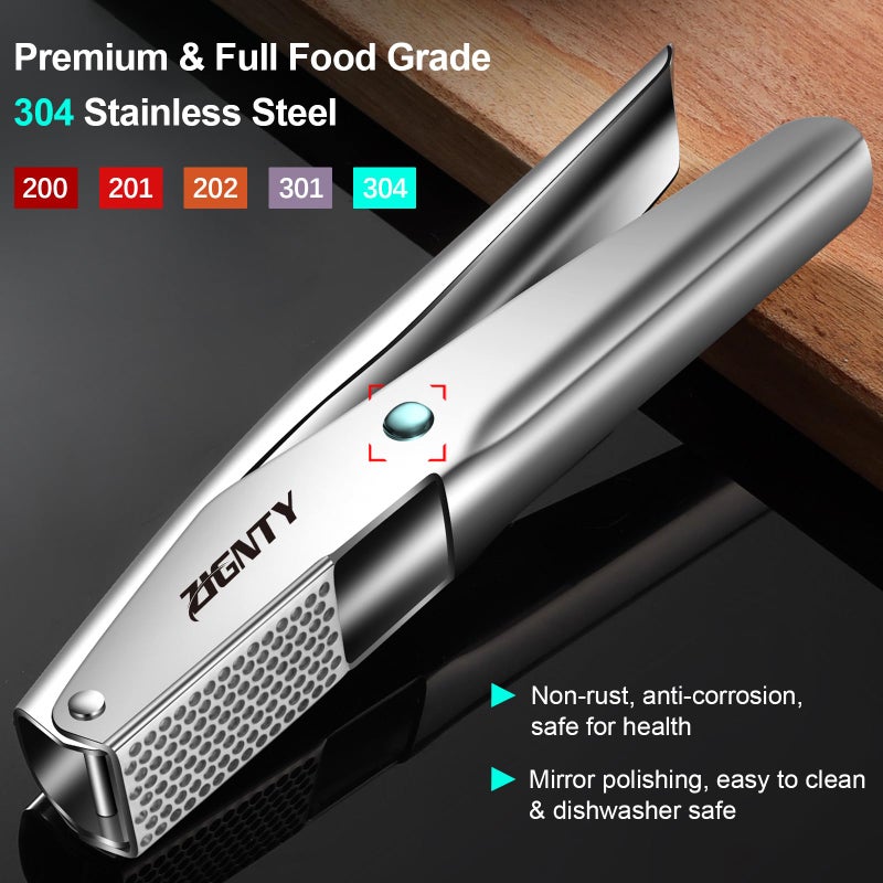 ZIGNTY Garlic Press Stainless Steelï¼ŒPremium Garlic Mincer Toolï¼ŒNo Need to Peel Garlic Ginger Crusher & Masher Easy Squeeze Large Trough Ergonomic Handleï¼ŒRust Proofï¼ŒDishwasher Safe (5 Years Warranty) - Image 2