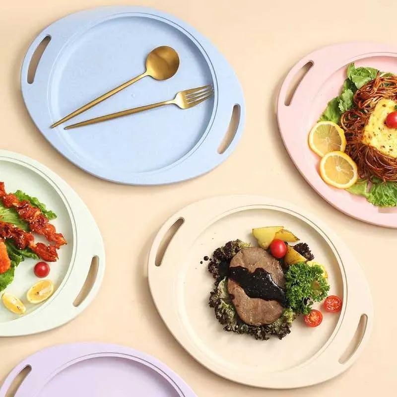 DLEST 1pcs Wheat Straw Platter Sushi Serving Tray Steak Plate Round Appetizer Dishes Canape Plate Cake Fruit Pizza Serving Plate Food Household Dinner Plate Large (Nordic Pink) - Image 5