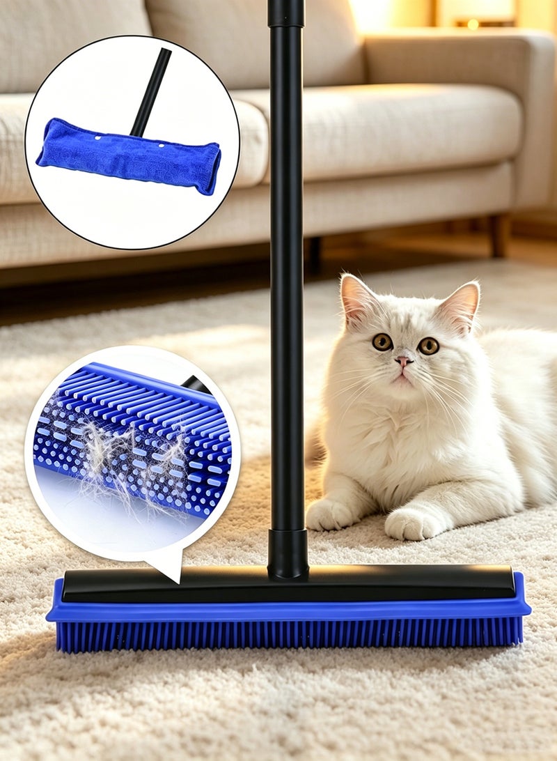 Rubber Broom for Pet Hair Removal, 2-in-1 Long Handle Carpet Rake with Squeegee, Floor Cleaning Brush with  Microfiber Cloth for Fluff Carpet, Hardwood, Tile, Window - Image 1