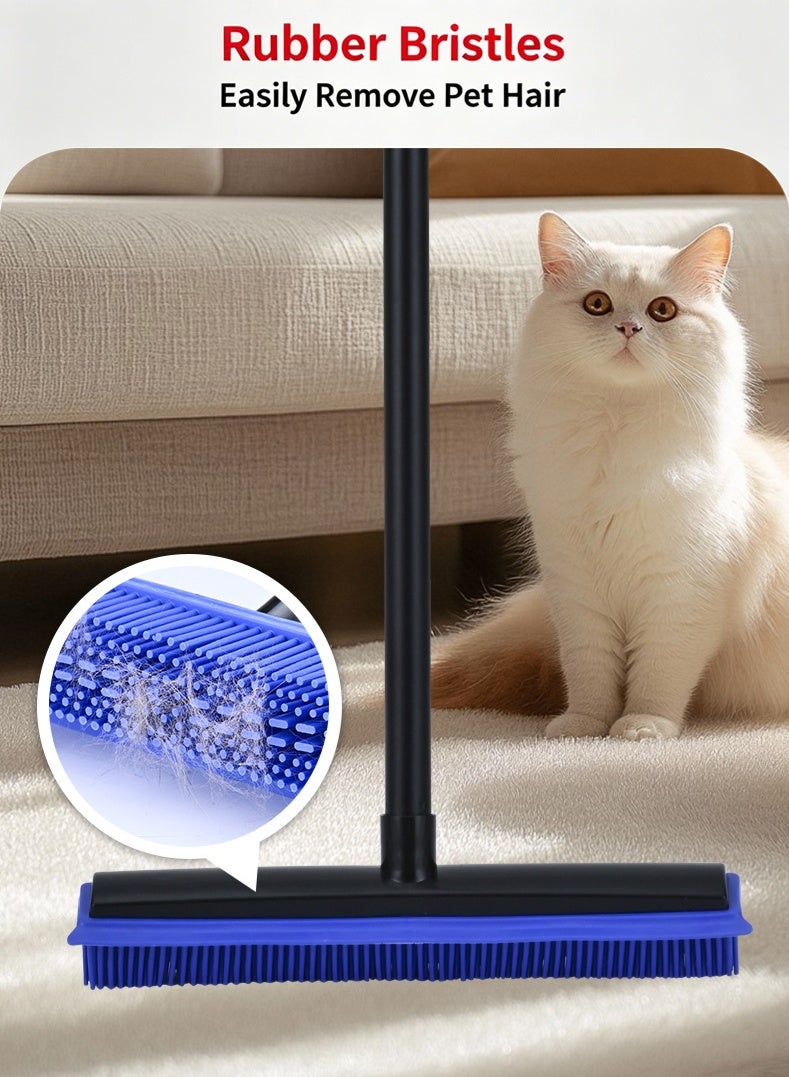 Rubber Broom for Pet Hair Removal, 2-in-1 Long Handle Carpet Rake with Squeegee, Floor Cleaning Brush with  Microfiber Cloth for Fluff Carpet, Hardwood, Tile, Window - Image 3