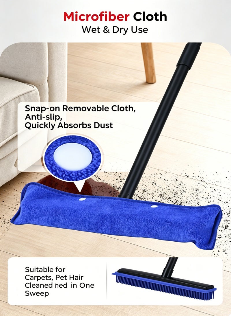 Rubber Broom for Pet Hair Removal, 2-in-1 Long Handle Carpet Rake with Squeegee, Floor Cleaning Brush with  Microfiber Cloth for Fluff Carpet, Hardwood, Tile, Window - Image 5
