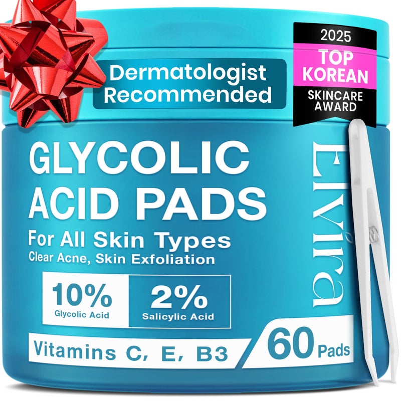 Elvira Glycolic Acid Exfoliating Facial Pads With 10% Glycolic Acid, 2% Salicylic Acid & Niacinamide - 60 Toner Pads, Daily Peel Treatment for Acne Prone Sensitive Skin - Image 1