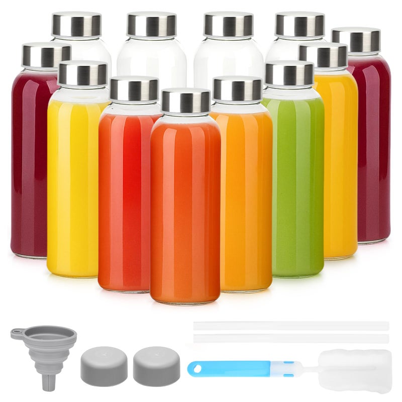 Luxfuel 10 oz Clear Glass Bottle with Lid, Reusable Glass Water Bottles with Stainless Steel Cap & Straws for Juicing, Milk, Ginger & Smoothies, Refrigerator, Leak-Proof, Juice Containers Set of 12 - Image 1