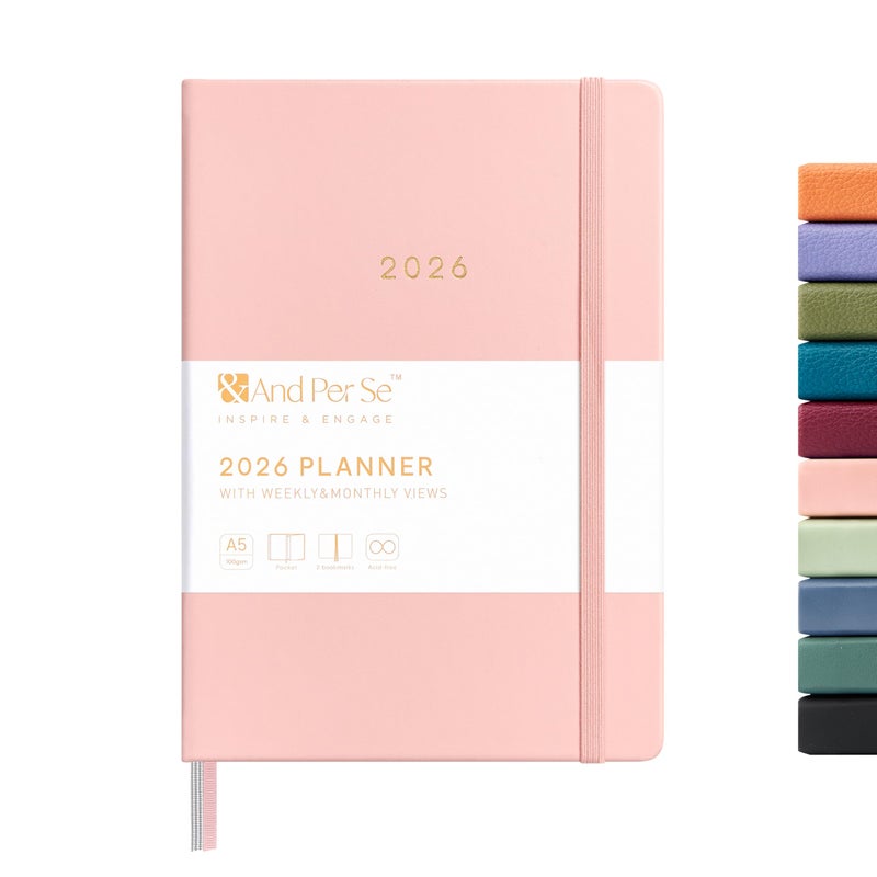 &And Per Se And Per Se 2026 Planner-Daily, Weekly & Monthly Leather Hardcover Planner, 5.7" x 8", Daily Schedule, 100 GSM Thick Paper, Back Pocket(Pink) - Image 1
