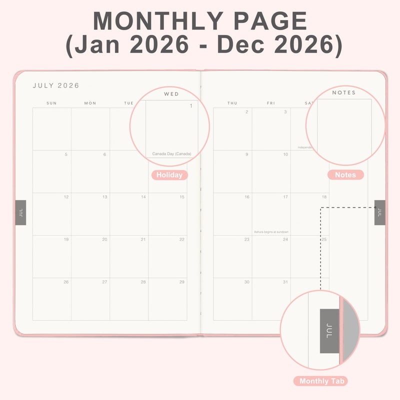 &And Per Se And Per Se 2026 Planner-Daily, Weekly & Monthly Leather Hardcover Planner, 5.7" x 8", Daily Schedule, 100 GSM Thick Paper, Back Pocket(Pink) - Image 3