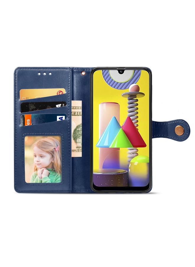 زبون جراب لهاتف Galaxy M31 بتصميم كلاسيكي بلون سادة مصنوع من الجلد مع مشبك وحزام وإطار للصور وفتحة للبطاقات ومحفظة ووظيفة حامل - Image 3